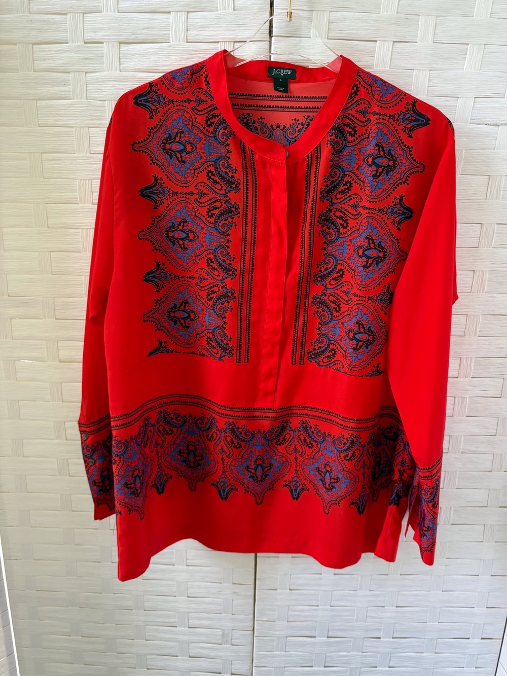 J Crew Large Red Paisley Print Popover Button Placket Long Sleeve Office‎ Casual